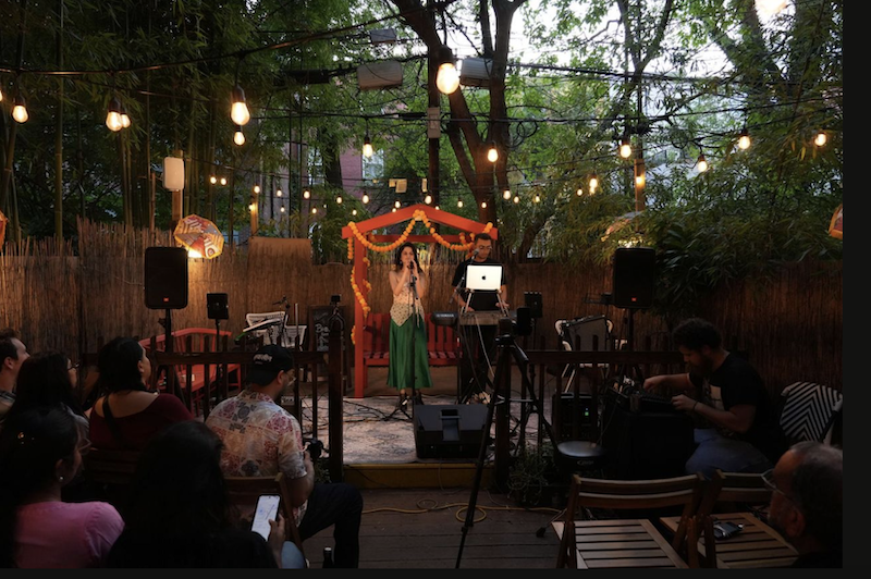 Singer under gazebo; fairy lights