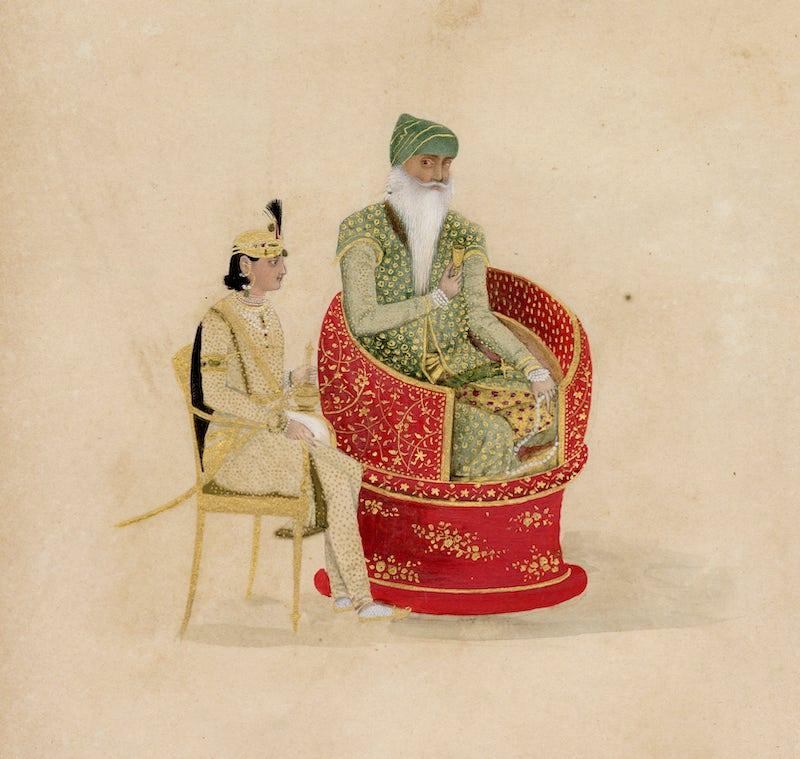 Maharaja Ranjit Singh (r. 1799–1839) with his favourite, Raja Hira Singh (1816–1844), attending as a cup-bearer, c. 1835–1838  © Toor Collection Maharaja Ranjit Singh (r. 1799–1839) with his favourite, Raja Hira Singh (1816–1844), attending as a cup-bearer, c. 1835–1838  © Toor Collection