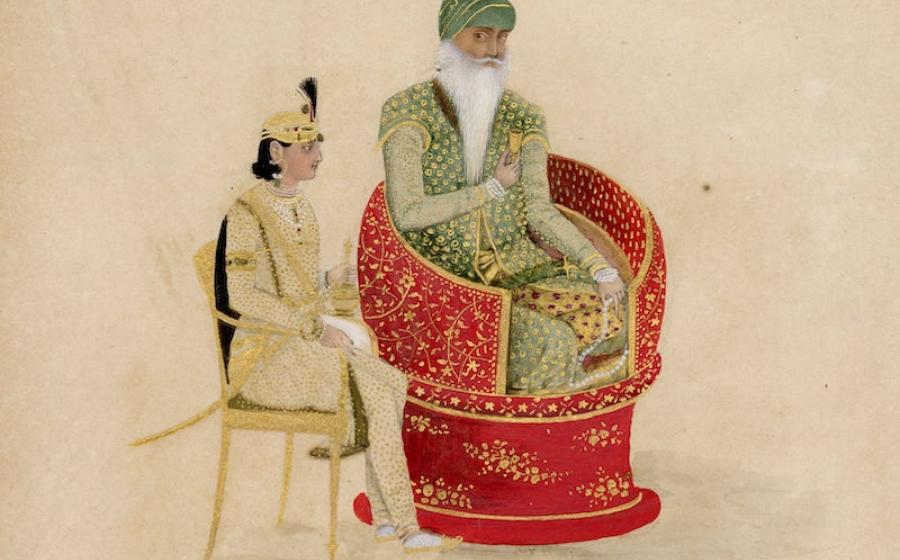 Maharaja Ranjit Singh (r. 1799–1839) with his favourite, Raja Hira Singh (1816–1844), attending as a cup-bearer, c. 1835–1838  © Toor Collection