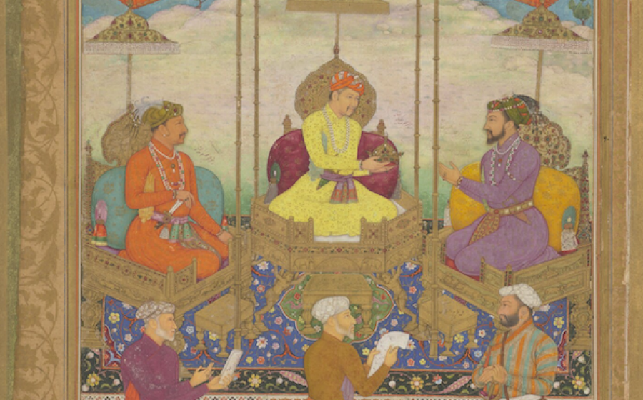 Akbar handing crown to Shah Jahan in presence of Jahangir, 1630-7, Opaque watercolour and gold on paper, Folio from Minto Album, Chester Beatty, Dublin